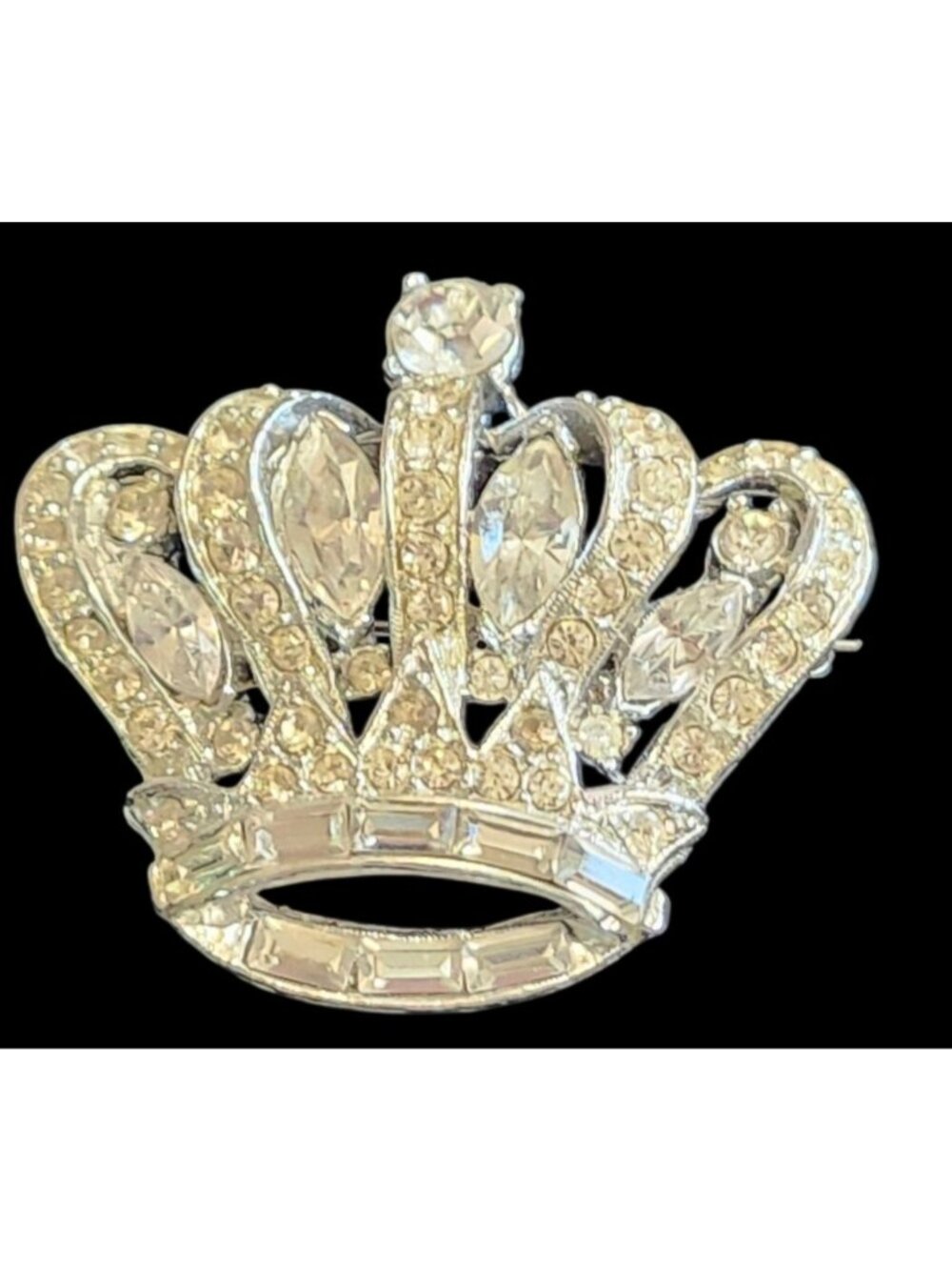 Vintage Rhinestone Crown  Silver Tone Regal Mardi Gras Brooch Elegant Sparkling
